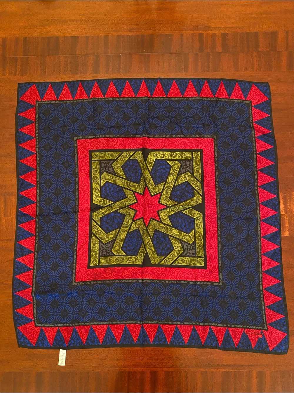 Diane Von Furstenberg Navy, Red & Olive Geometric Silk Scarf Made in Japan